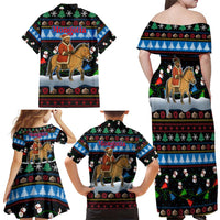 Mongolia Christmas Family Matching Off Shoulder Maxi Dress and Hawaiian Shirt with Santa Riding Horse Snowmen Yurts and Winter Holiday - Wonder Print Shop