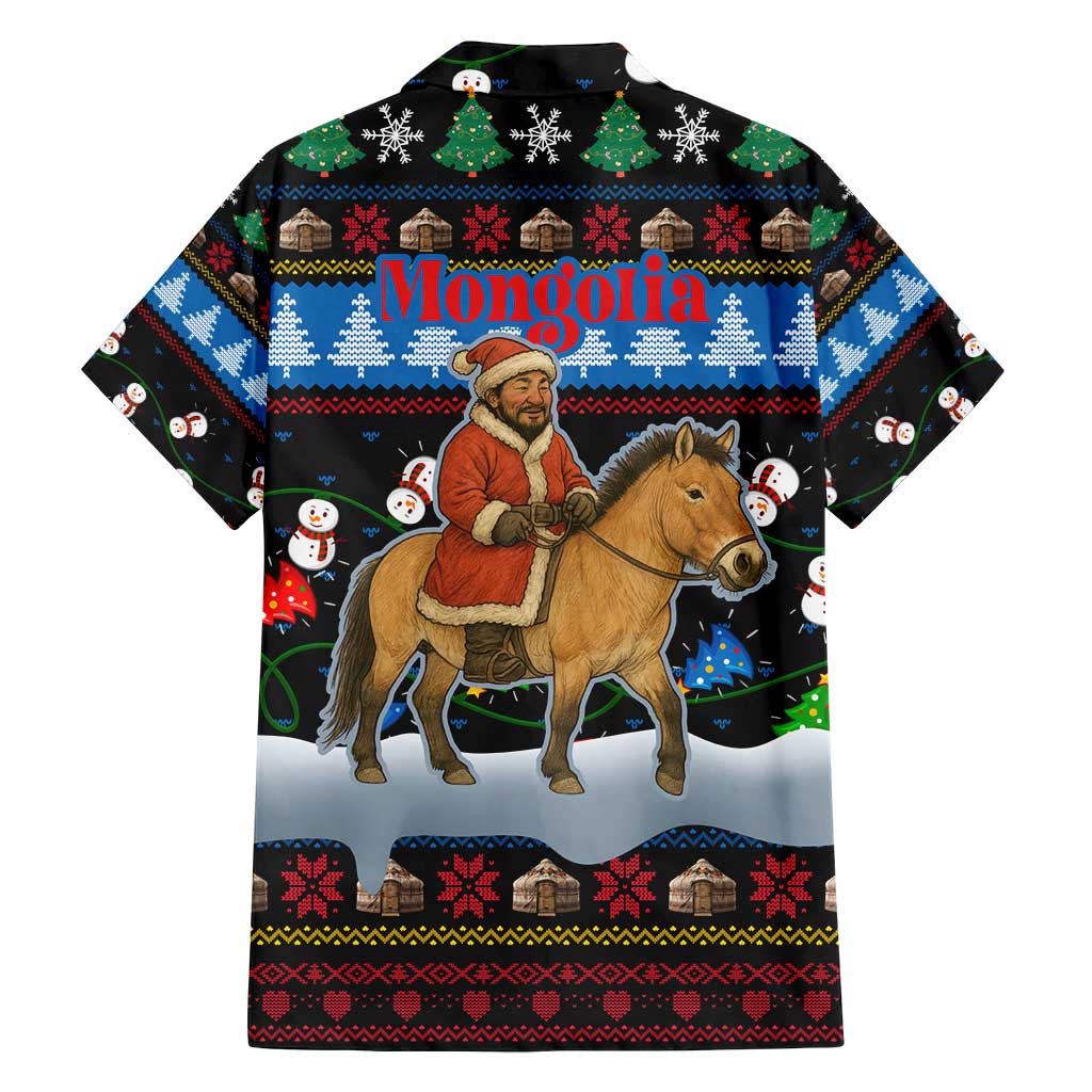 Mongolia Christmas Family Matching Off Shoulder Maxi Dress and Hawaiian Shirt with Santa Riding Horse Snowmen Yurts and Winter Holiday - Wonder Print Shop