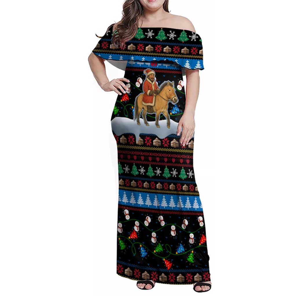 Mongolia Christmas Family Matching Off Shoulder Maxi Dress and Hawaiian Shirt with Santa Riding Horse Snowmen Yurts and Winter Holiday - Wonder Print Shop
