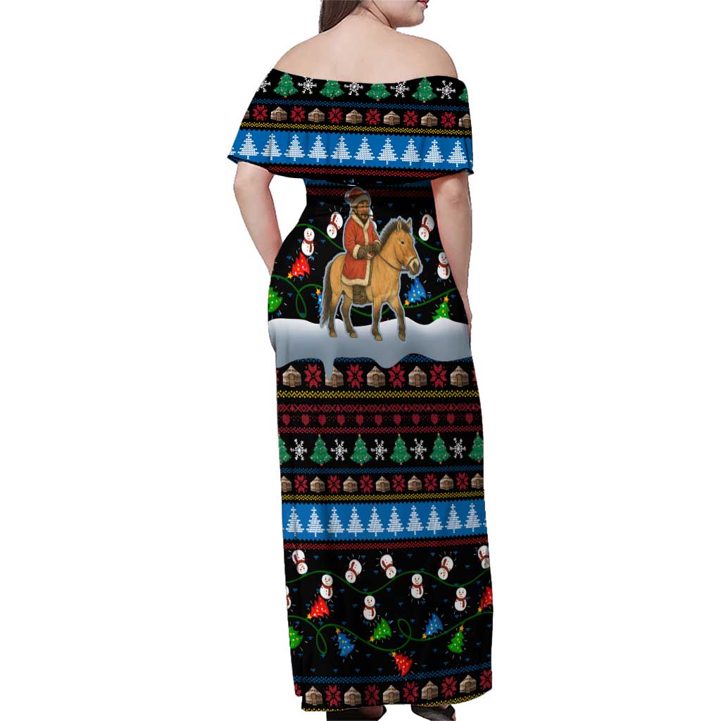 Mongolia Christmas Family Matching Off Shoulder Maxi Dress and Hawaiian Shirt with Santa Riding Horse Snowmen Yurts and Winter Holiday - Wonder Print Shop