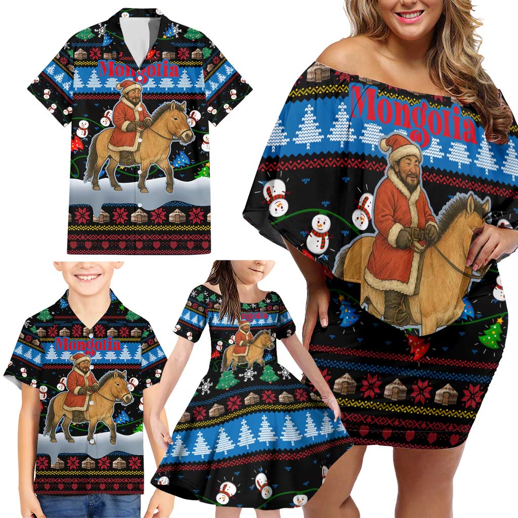 Mongolia Christmas Family Matching Off Shoulder Short Dress and Hawaiian Shirt with Santa Riding Horse Snowmen Yurts and Winter Holiday - Wonder Print Shop