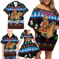 Mongolia Christmas Family Matching Off Shoulder Short Dress and Hawaiian Shirt with Santa Riding Horse Snowmen Yurts and Winter Holiday - Wonder Print Shop