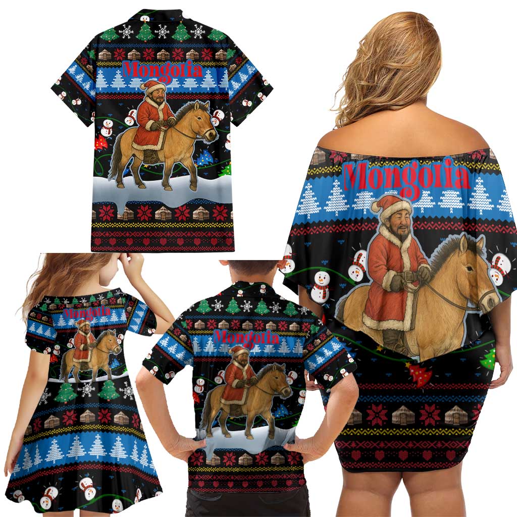 Mongolia Christmas Family Matching Off Shoulder Short Dress and Hawaiian Shirt with Santa Riding Horse Snowmen Yurts and Winter Holiday - Wonder Print Shop