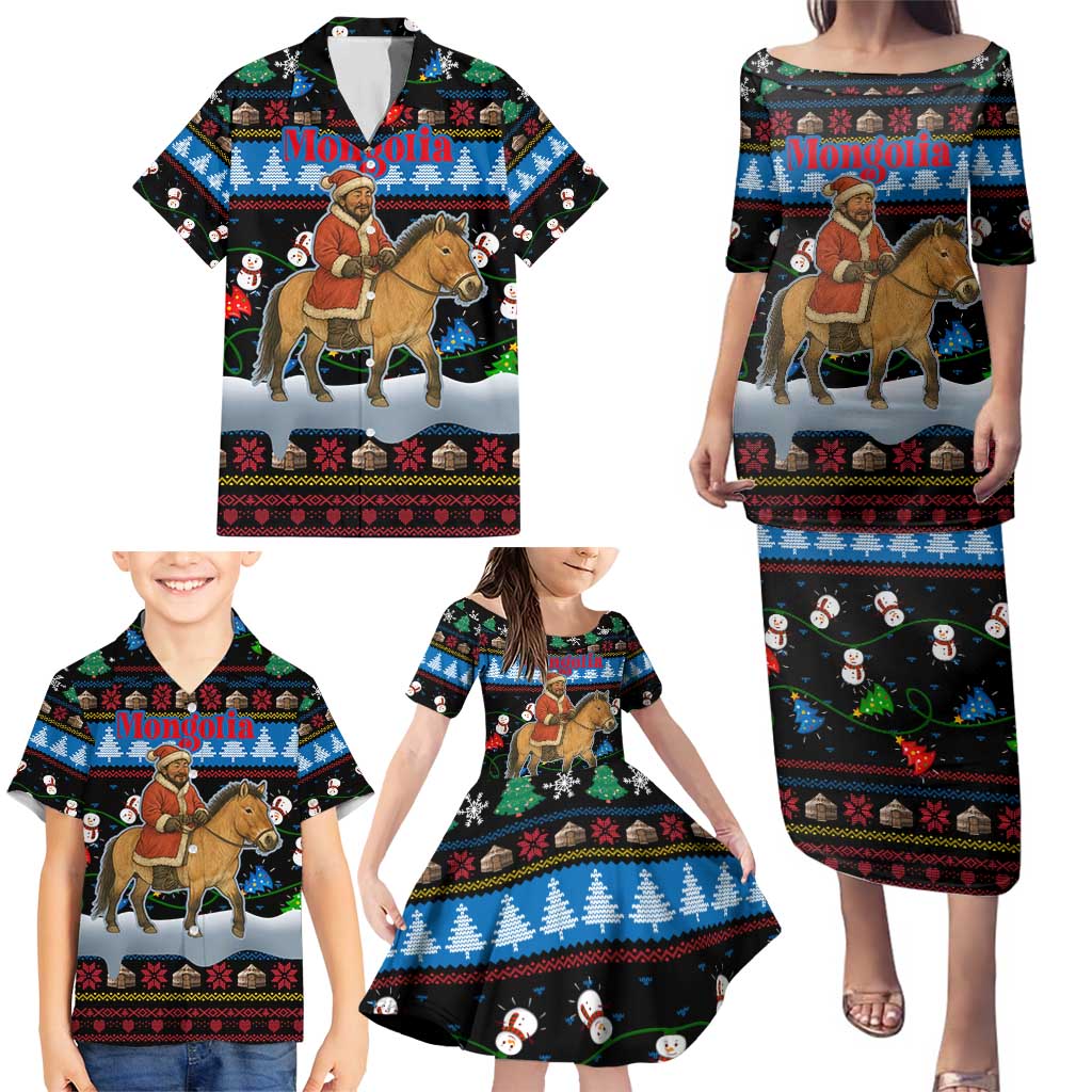 Mongolia Christmas Family Matching Puletasi and Hawaiian Shirt with Santa Riding Horse Snowmen Yurts and Winter Holiday - Wonder Print Shop
