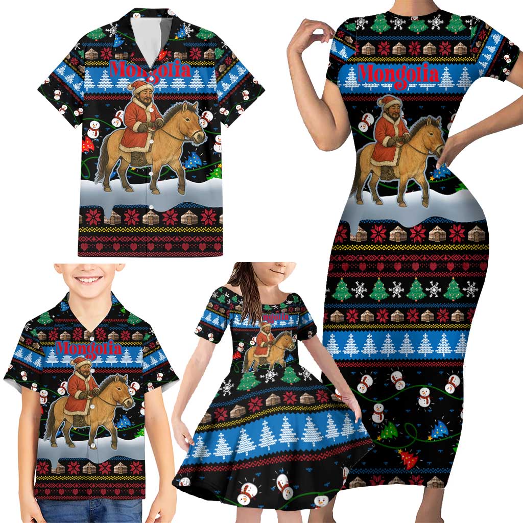 Mongolia Christmas Family Matching Short Sleeve Bodycon Dress and Hawaiian Shirt with Santa Riding Horse Snowmen Yurts and Winter Holiday - Wonder Print Shop
