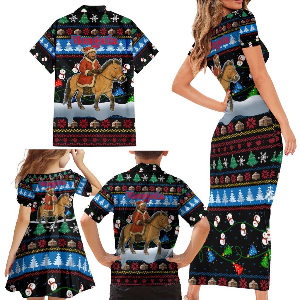 Mongolia Christmas Family Matching Short Sleeve Bodycon Dress and Hawaiian Shirt with Santa Riding Horse Snowmen Yurts and Winter Holiday - Wonder Print Shop