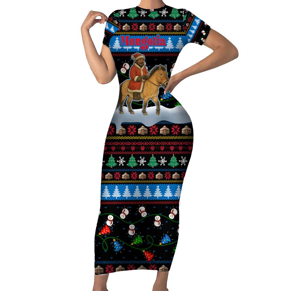 Mongolia Christmas Family Matching Short Sleeve Bodycon Dress and Hawaiian Shirt with Santa Riding Horse Snowmen Yurts and Winter Holiday - Wonder Print Shop