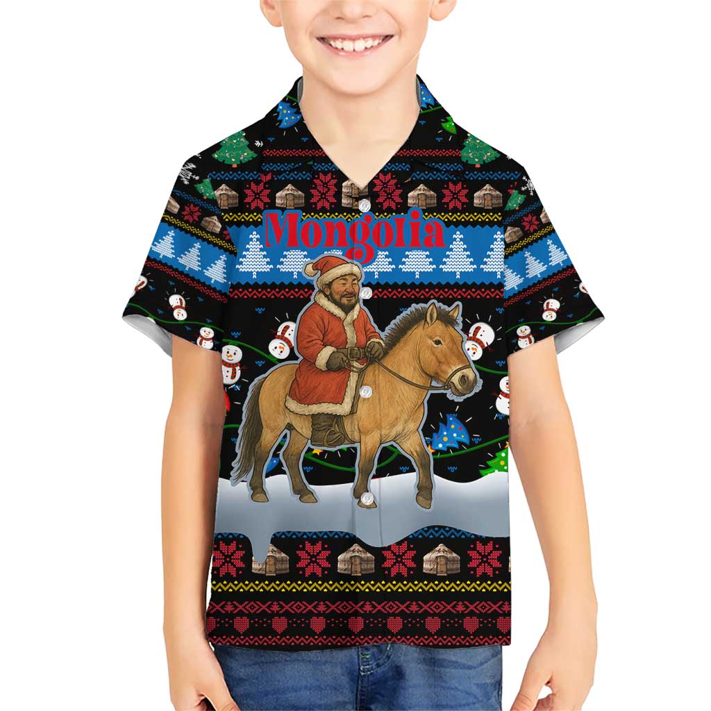 Mongolia Christmas Family Matching Short Sleeve Bodycon Dress and Hawaiian Shirt with Santa Riding Horse Snowmen Yurts and Winter Holiday - Wonder Print Shop