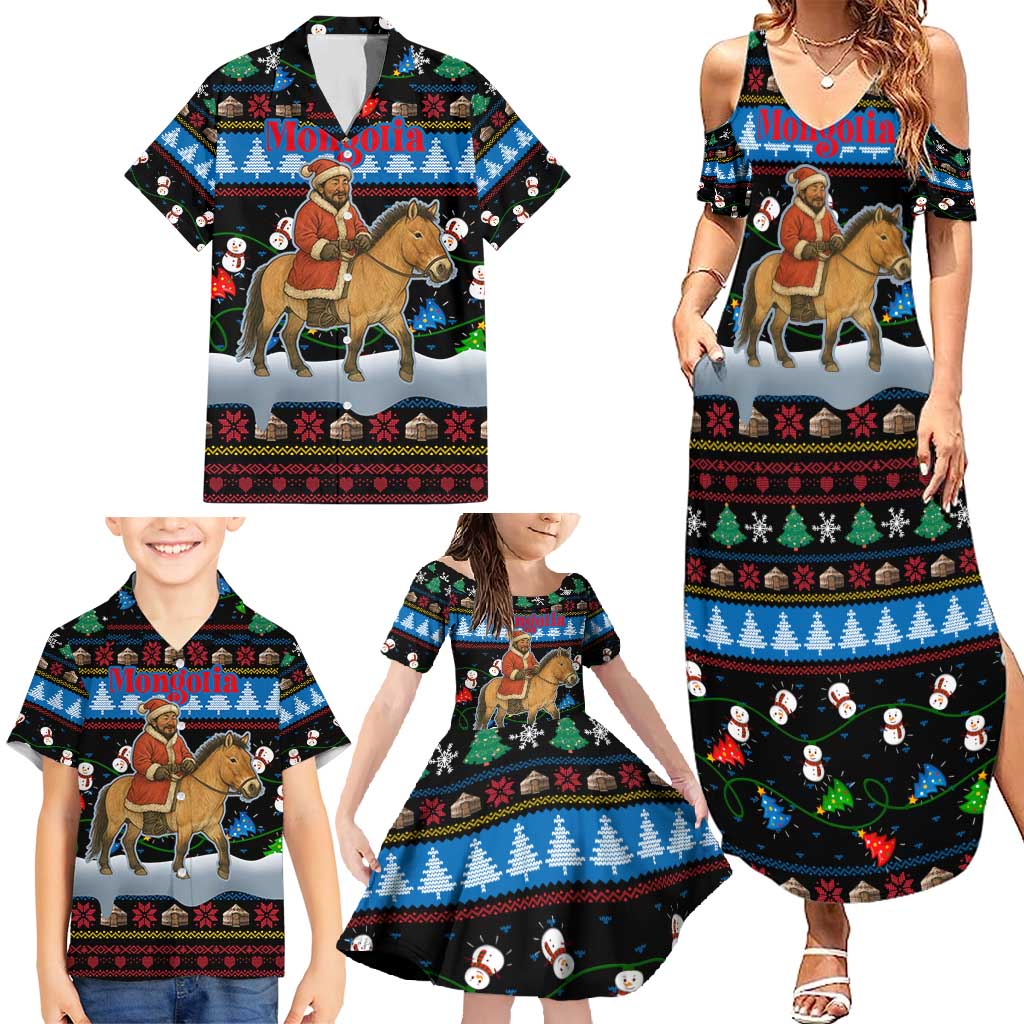 Mongolia Christmas Family Matching Summer Maxi Dress and Hawaiian Shirt with Santa Riding Horse Snowmen Yurts and Winter Holiday - Wonder Print Shop