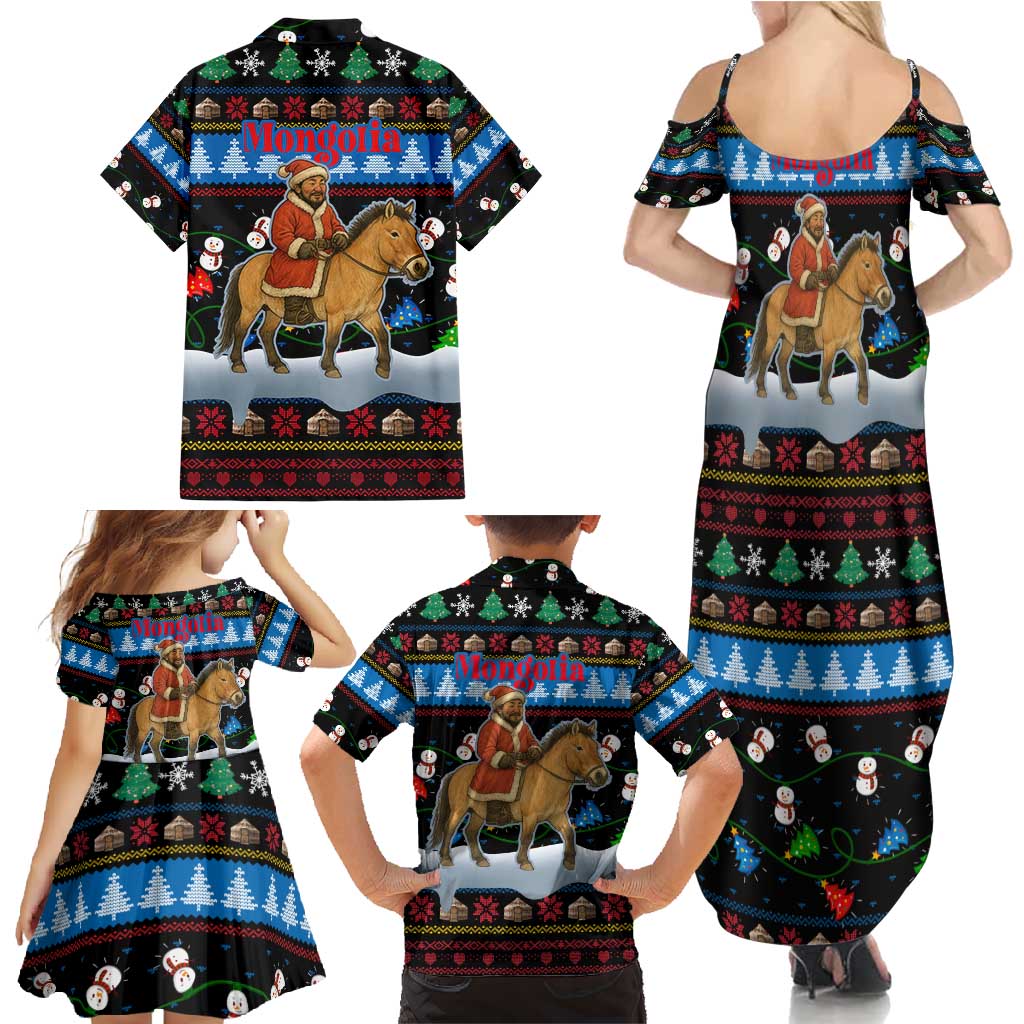 Mongolia Christmas Family Matching Summer Maxi Dress and Hawaiian Shirt with Santa Riding Horse Snowmen Yurts and Winter Holiday - Wonder Print Shop