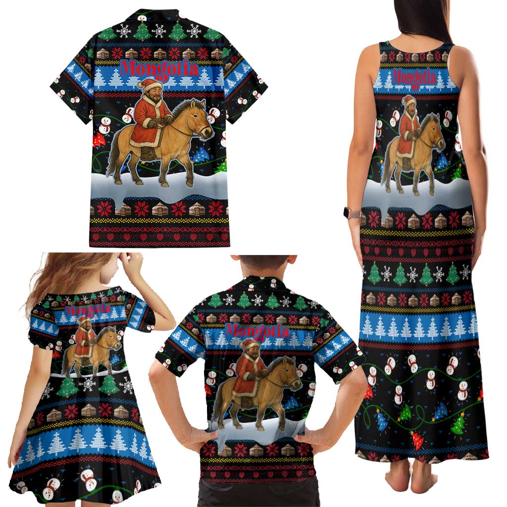 Mongolia Christmas Family Matching Tank Maxi Dress and Hawaiian Shirt with Santa Riding Horse Snowmen Yurts and Winter Holiday - Wonder Print Shop