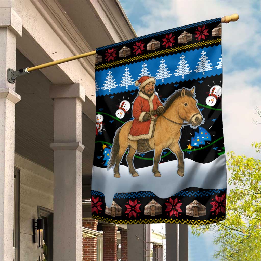 Mongolia Christmas Garden Flag with Santa Riding Horse Snowmen Yurts and Winter Holiday - Wonder Print Shop