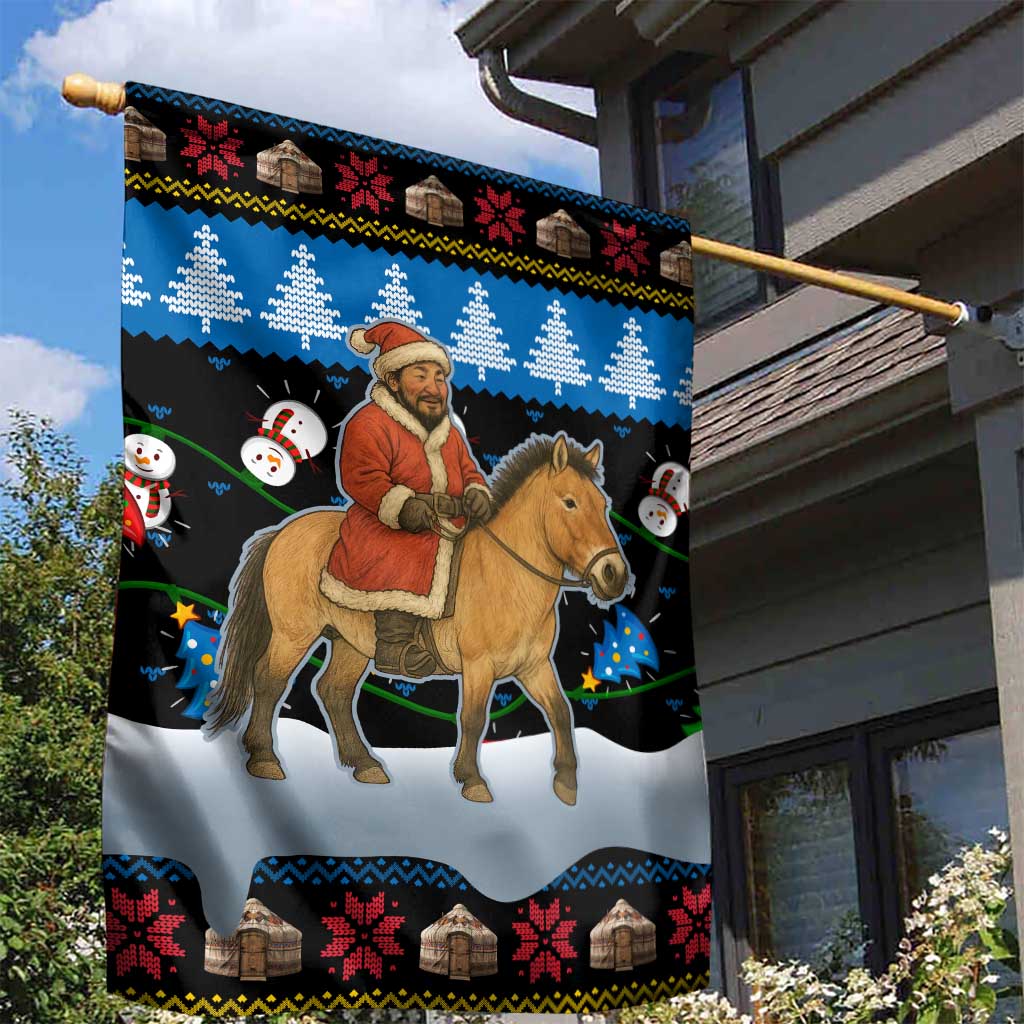 Mongolia Christmas Garden Flag with Santa Riding Horse Snowmen Yurts and Winter Holiday - Wonder Print Shop