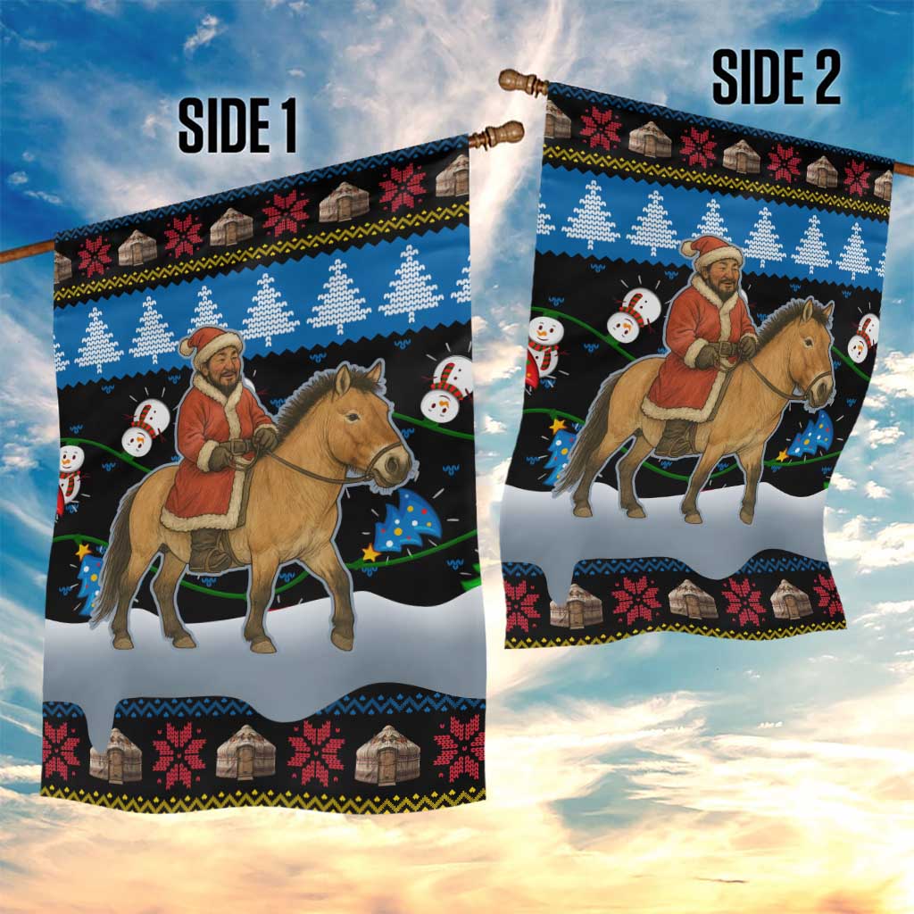 Mongolia Christmas Garden Flag with Santa Riding Horse Snowmen Yurts and Winter Holiday - Wonder Print Shop