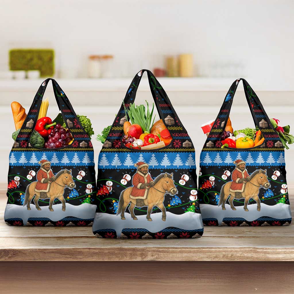 Mongolia Christmas Grocery Bag with Santa Riding Horse Snowmen Yurts and Winter Holiday - Wonder Print Shop