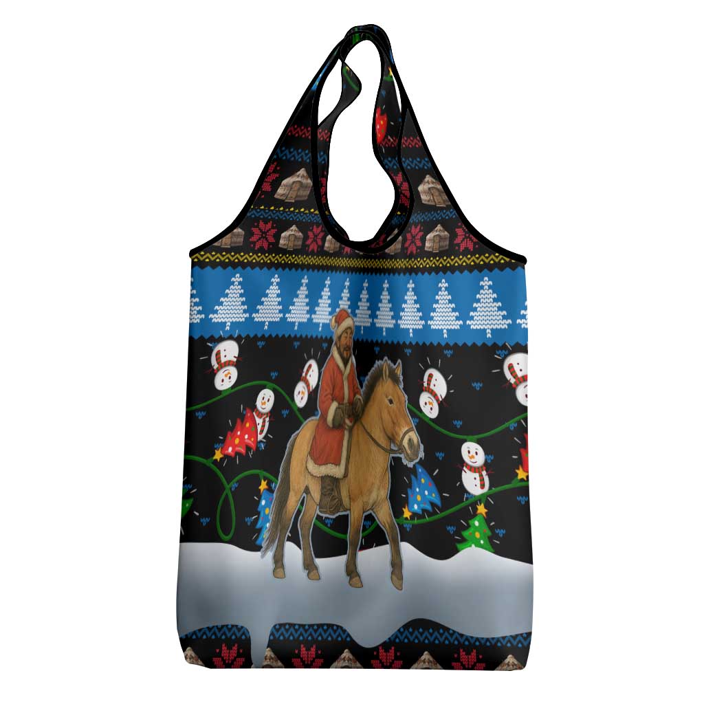 Mongolia Christmas Grocery Bag with Santa Riding Horse Snowmen Yurts and Winter Holiday - Wonder Print Shop