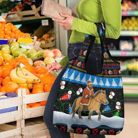 Mongolia Christmas Grocery Bag with Santa Riding Horse Snowmen Yurts and Winter Holiday - Wonder Print Shop