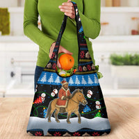 Mongolia Christmas Grocery Bag with Santa Riding Horse Snowmen Yurts and Winter Holiday - Wonder Print Shop