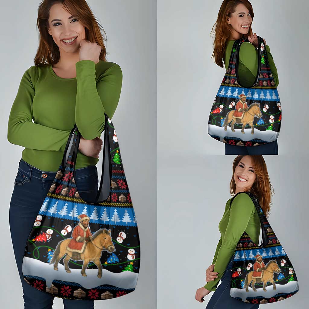 Mongolia Christmas Grocery Bag with Santa Riding Horse Snowmen Yurts and Winter Holiday - Wonder Print Shop