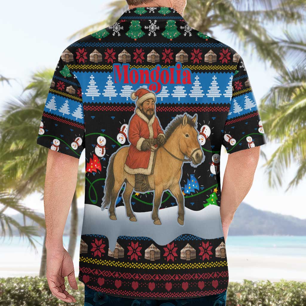 Mongolia Christmas Hawaiian Shirt with Santa Riding Horse Snowmen Yurts and Winter Holiday - Wonder Print Shop