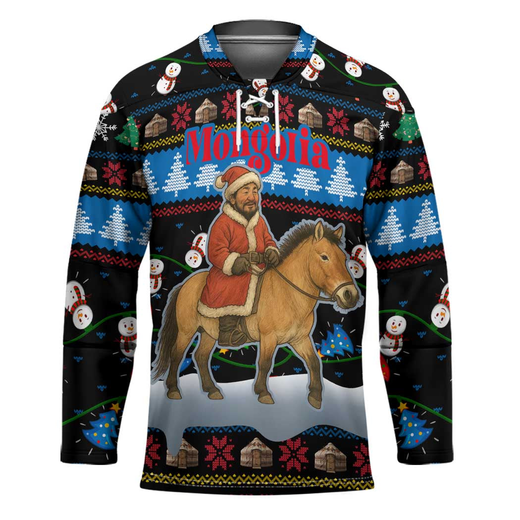 Mongolia Christmas Hockey Jersey with Santa Riding Horse Snowmen Yurts and Winter Holiday - Wonder Print Shop