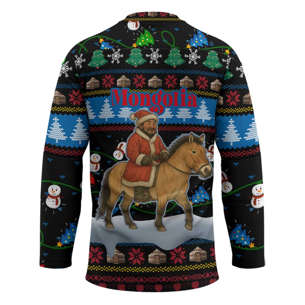 Mongolia Christmas Hockey Jersey with Santa Riding Horse Snowmen Yurts and Winter Holiday - Wonder Print Shop