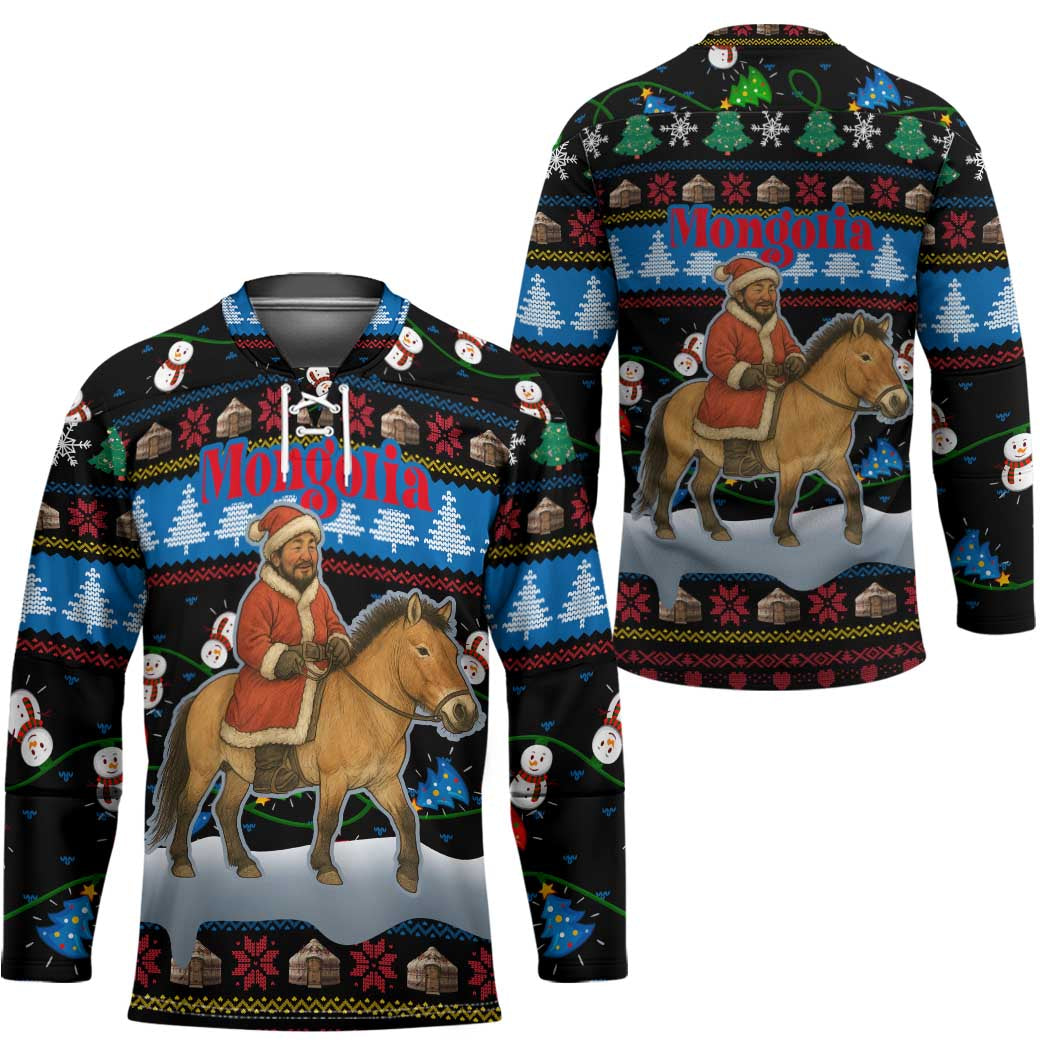 Mongolia Christmas Hockey Jersey with Santa Riding Horse Snowmen Yurts and Winter Holiday - Wonder Print Shop
