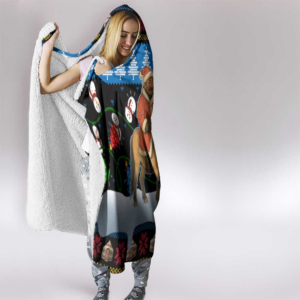 Mongolia Christmas Hooded Blanket with Santa Riding Horse Snowmen Yurts and Winter Holiday - Wonder Print Shop