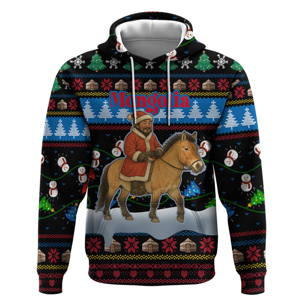 Mongolia Christmas Hoodie with Santa Riding Horse Snowmen Yurts and Winter Holiday - Wonder Print Shop