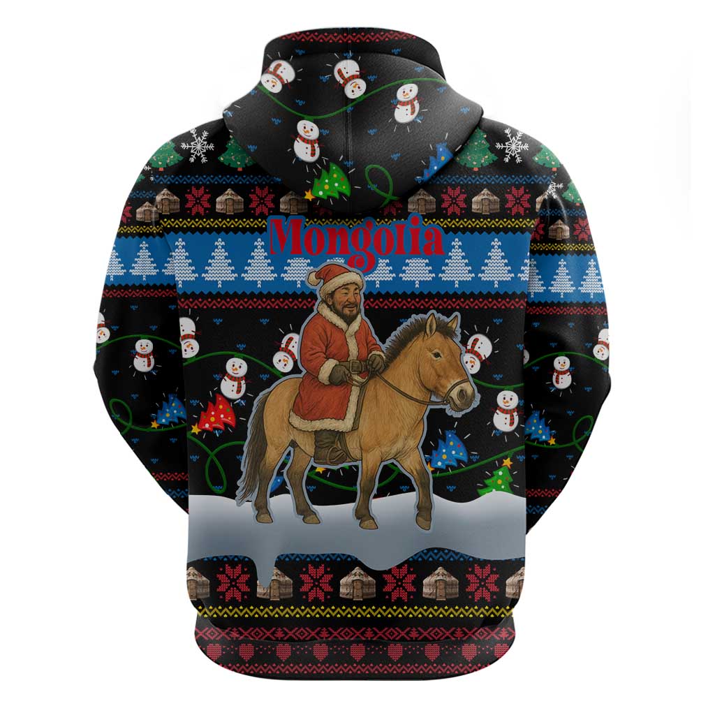 Mongolia Christmas Hoodie with Santa Riding Horse Snowmen Yurts and Winter Holiday - Wonder Print Shop