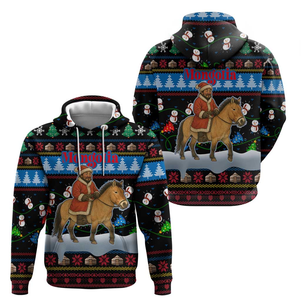 Mongolia Christmas Hoodie with Santa Riding Horse Snowmen Yurts and Winter Holiday - Wonder Print Shop