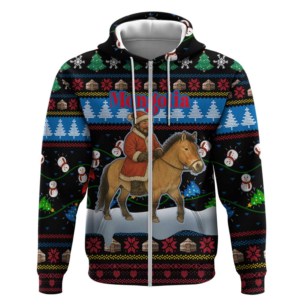 Mongolia Christmas Hoodie with Santa Riding Horse Snowmen Yurts and Winter Holiday - Wonder Print Shop