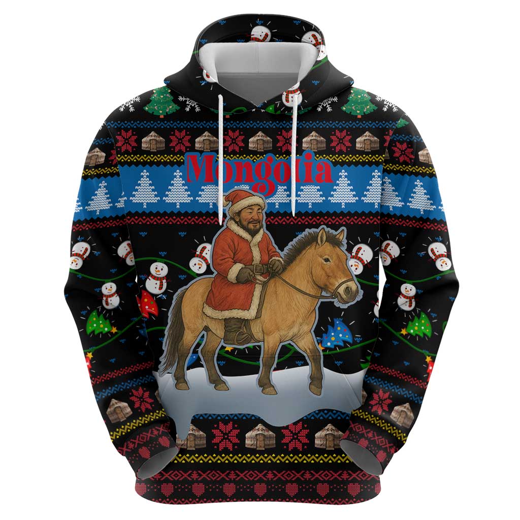 Mongolia Christmas Hoodie with Santa Riding Horse Snowmen Yurts and Winter Holiday - Wonder Print Shop