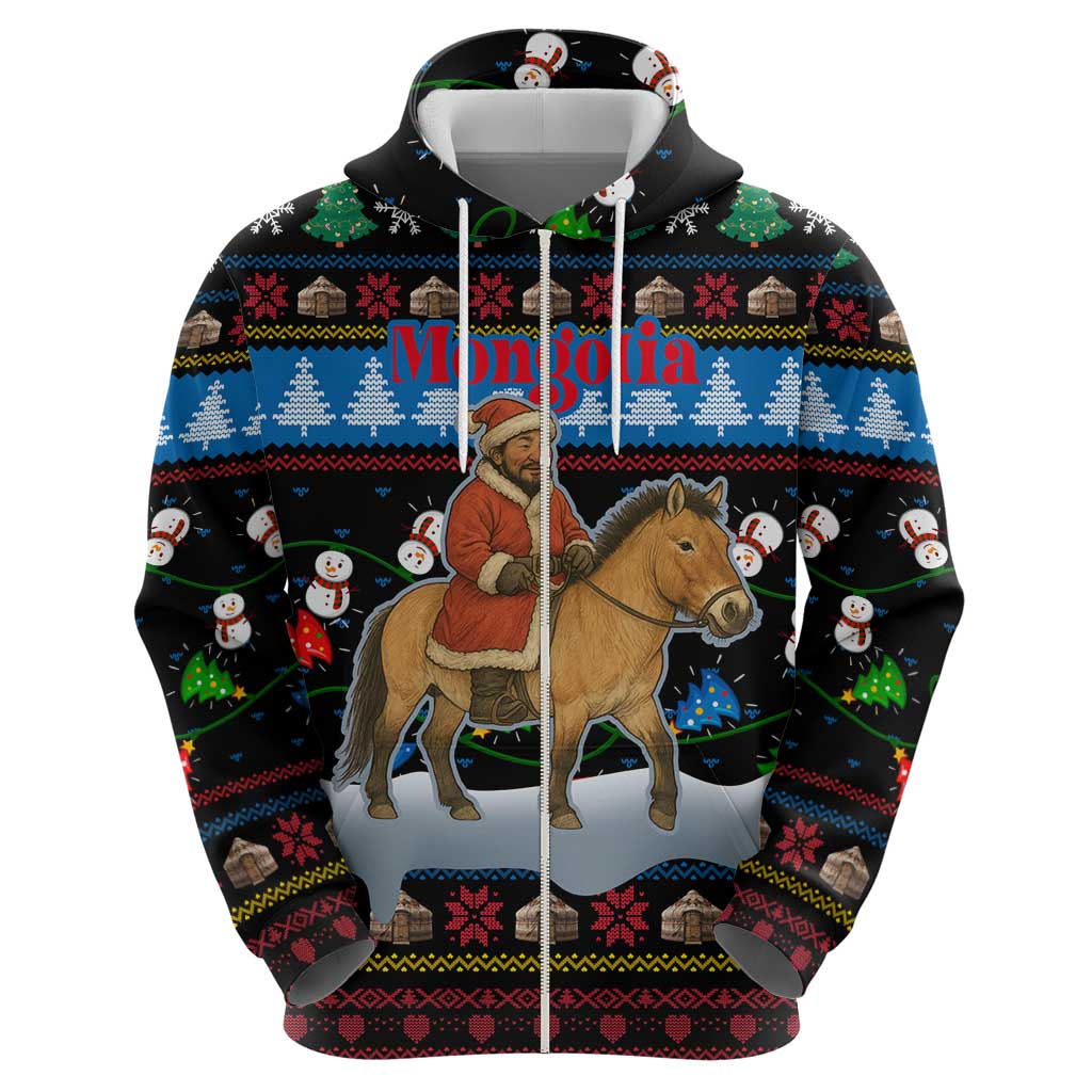 Mongolia Christmas Hoodie with Santa Riding Horse Snowmen Yurts and Winter Holiday - Wonder Print Shop