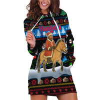 Mongolia Christmas Hoodie Dress with Santa Riding Horse Snowmen Yurts and Winter Holiday - undefined