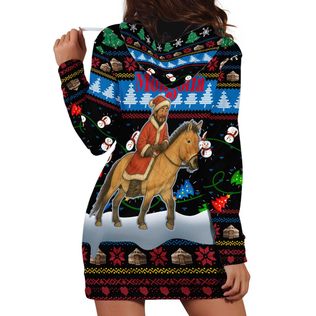 Mongolia Christmas Hoodie Dress with Santa Riding Horse Snowmen Yurts and Winter Holiday - undefined