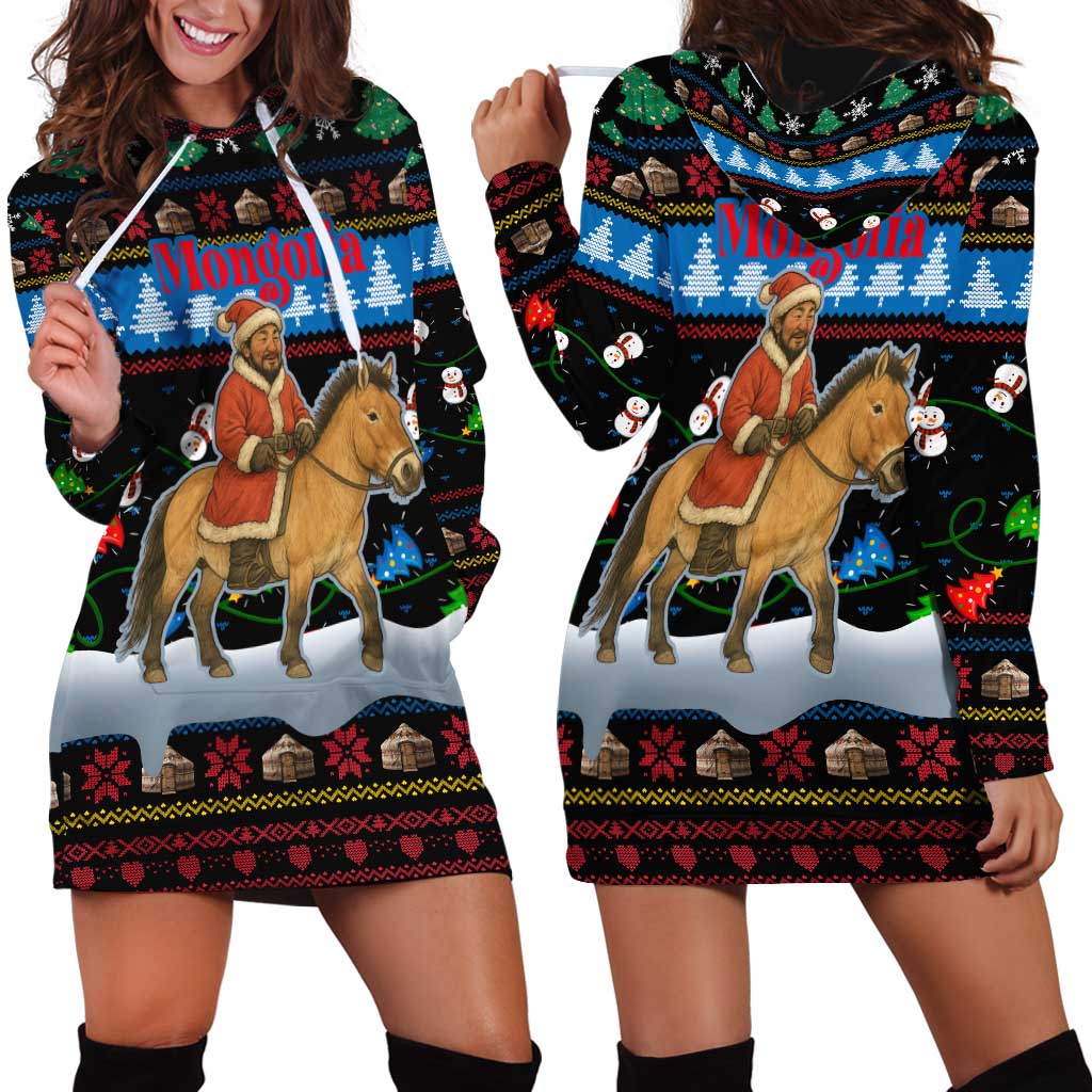 Mongolia Christmas Hoodie Dress with Santa Riding Horse Snowmen Yurts and Winter Holiday - undefined