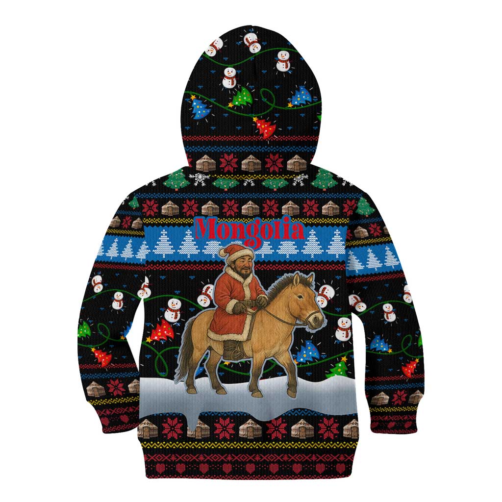 Mongolia Christmas Kid Hoodie with Santa Riding Horse Snowmen Yurts and Winter Holiday - Wonder Print Shop