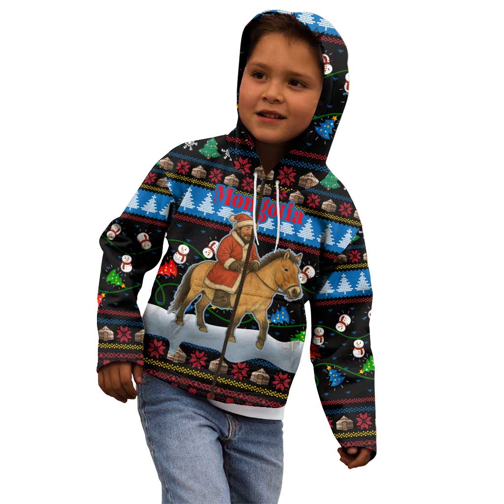 Mongolia Christmas Kid Hoodie with Santa Riding Horse Snowmen Yurts and Winter Holiday - Wonder Print Shop