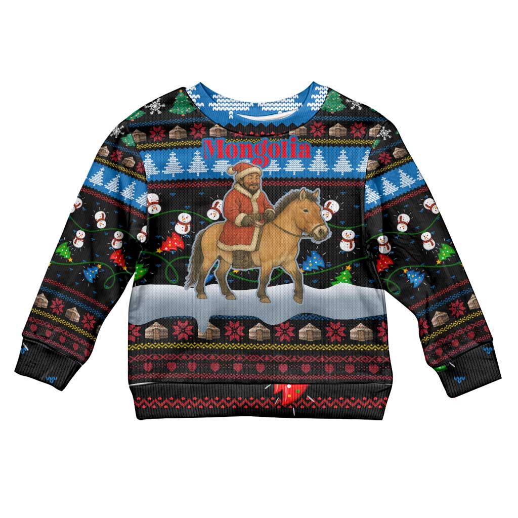 Mongolia Christmas Kid Ugly Christmas Sweater with Santa Riding Horse Snowmen Yurts and Winter Holiday - Wonder Print Shop