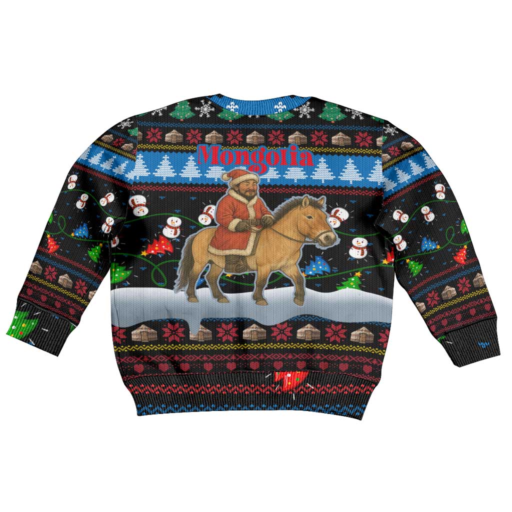 Mongolia Christmas Kid Ugly Christmas Sweater with Santa Riding Horse Snowmen Yurts and Winter Holiday - Wonder Print Shop