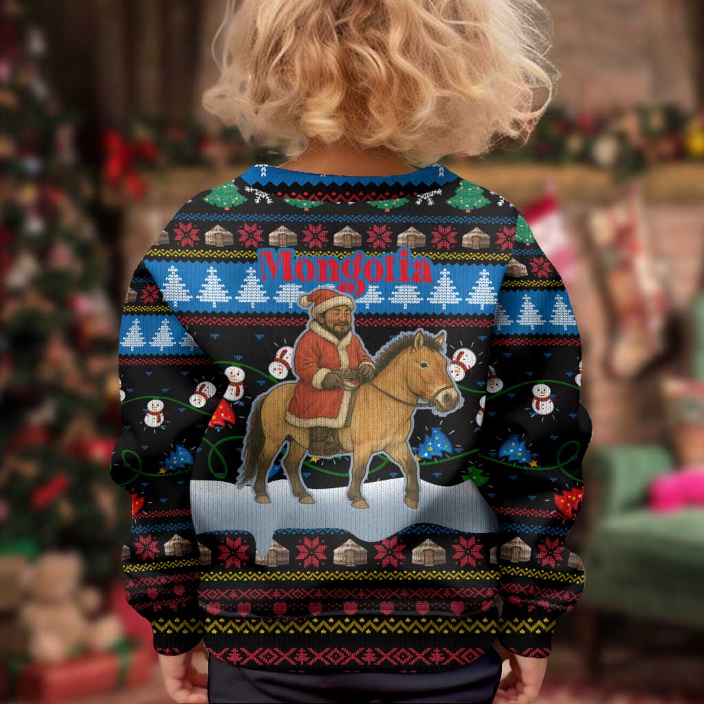 Mongolia Christmas Kid Ugly Christmas Sweater with Santa Riding Horse Snowmen Yurts and Winter Holiday - Wonder Print Shop
