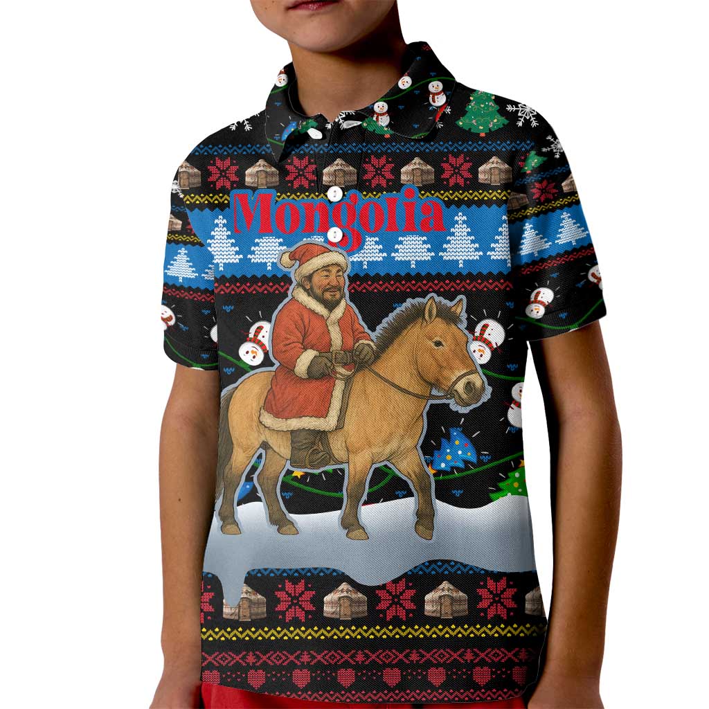 Mongolia Christmas Kid Polo Shirt with Santa Riding Horse Snowmen Yurts and Winter Holiday - Wonder Print Shop