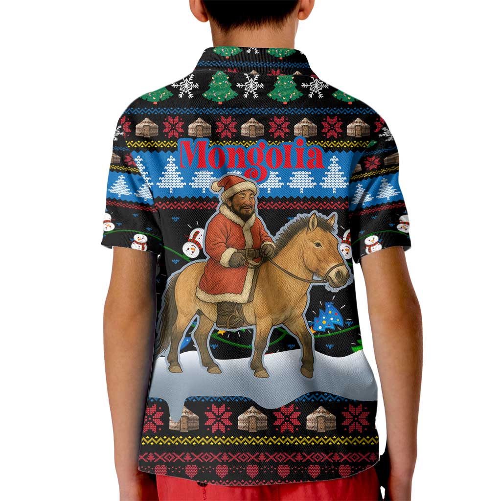 Mongolia Christmas Kid Polo Shirt with Santa Riding Horse Snowmen Yurts and Winter Holiday - Wonder Print Shop