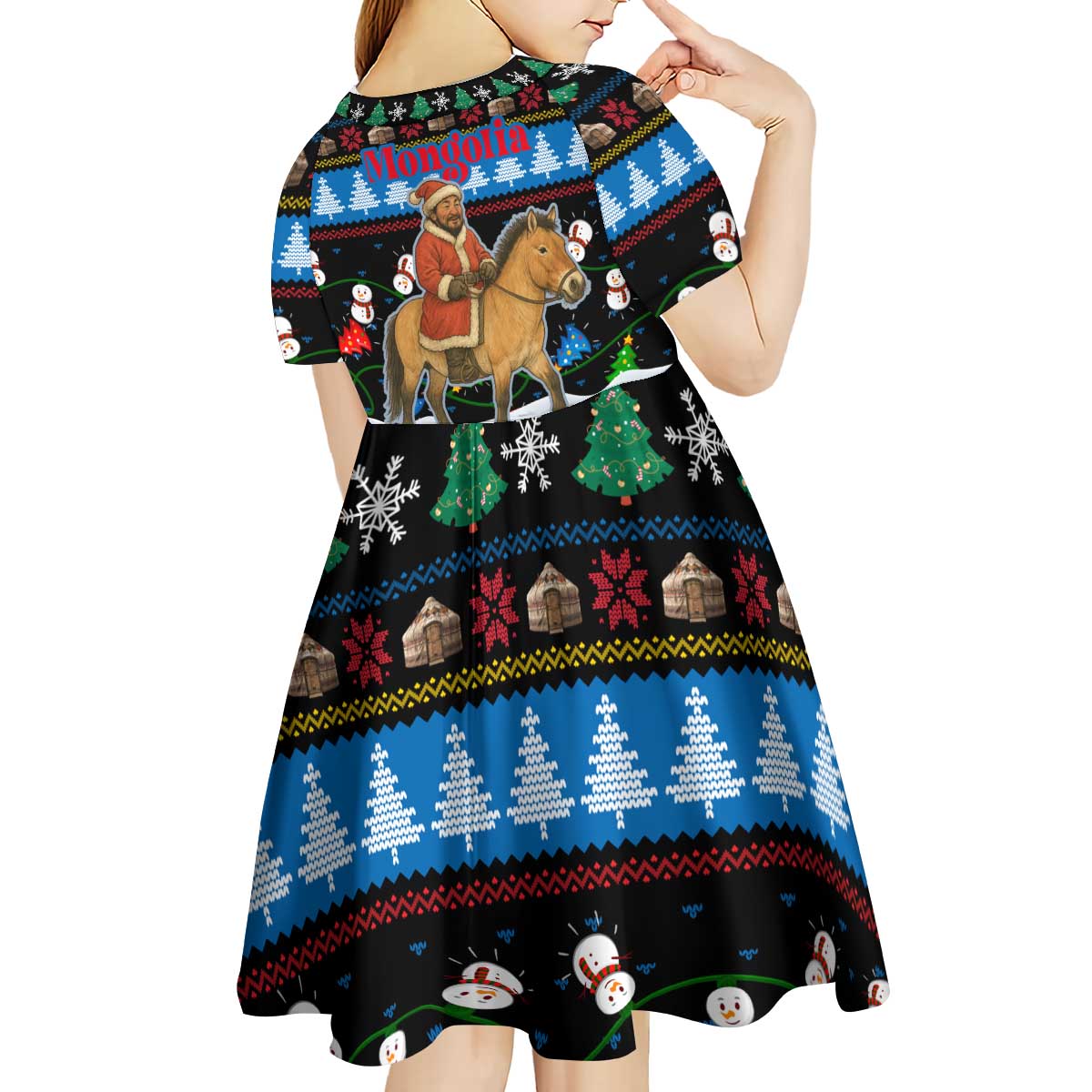 Mongolia Christmas Kid Short Sleeve Dress with Santa Riding Horse Snowmen Yurts and Winter Holiday - Wonder Print Shop