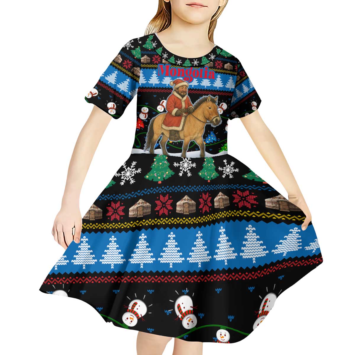 Mongolia Christmas Kid Short Sleeve Dress with Santa Riding Horse Snowmen Yurts and Winter Holiday - Wonder Print Shop