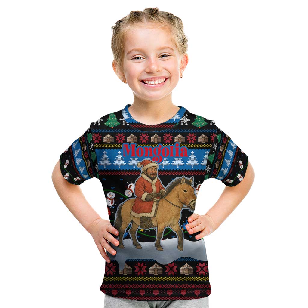 Mongolia Christmas Kid T Shirt with Santa Riding Horse Snowmen Yurts and Winter Holiday - Wonder Print Shop
