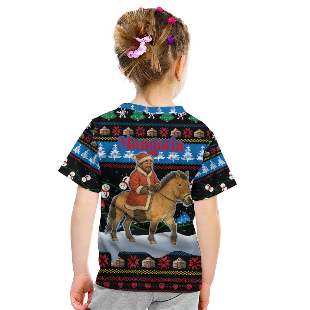 Mongolia Christmas Kid T Shirt with Santa Riding Horse Snowmen Yurts and Winter Holiday - Wonder Print Shop