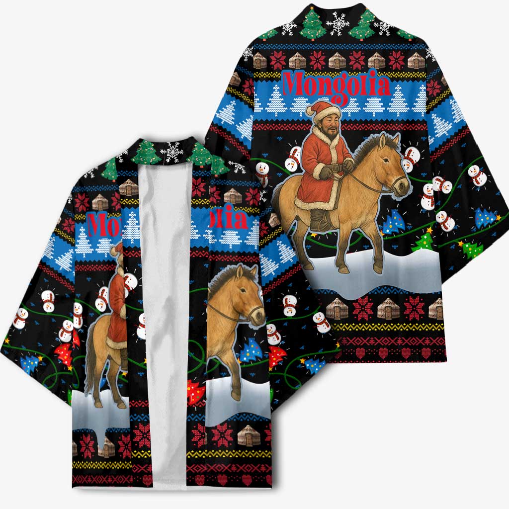 Mongolia Christmas Kimono with Santa Riding Horse Snowmen Yurts and Winter Holiday - Wonder Print Shop