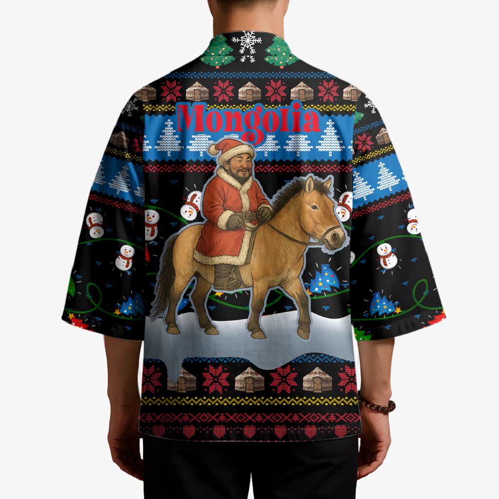 Mongolia Christmas Kimono with Santa Riding Horse Snowmen Yurts and Winter Holiday - Wonder Print Shop